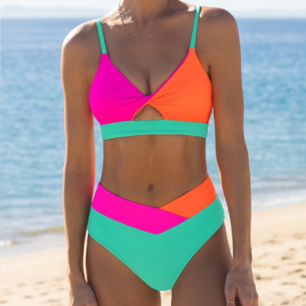 Color-Block Pink and Orange Bikini with Sporty Cut